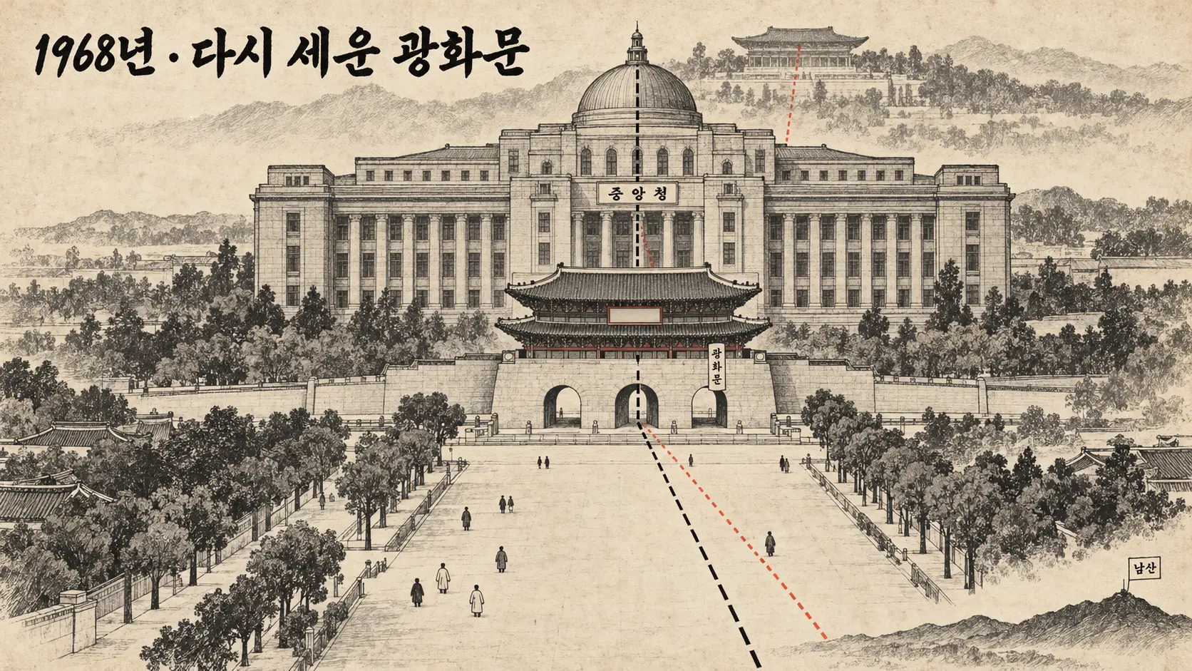 광화문 철거 대신 1927년 이전이 결정된 뒤, 改造 잡지를 든 회색 양복 손이 드러나고 광화문 문루가 굴림대에 실려 옆으로 옮겨지는 AI 생성 만평 정답 컷