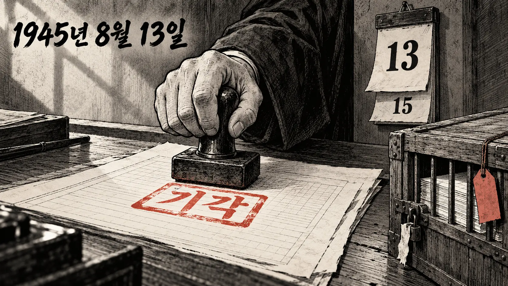 조선어학회 사건 상고가 기각된 1945년 8월 13일, 판사 소매의 손이 서류에 주홍색 '기각' 도장을 찍고 벽의 일력이 13일에서 15일로 넘어가려는 AI 생성 만평