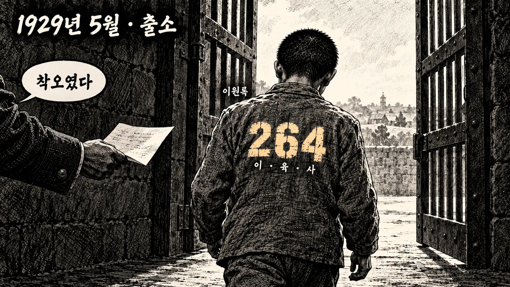 이육사 수인번호 264 정답 만평 — 1929년 5월 출소하는 청년의 등에 찍힌 264 아래 이·육·사 글자