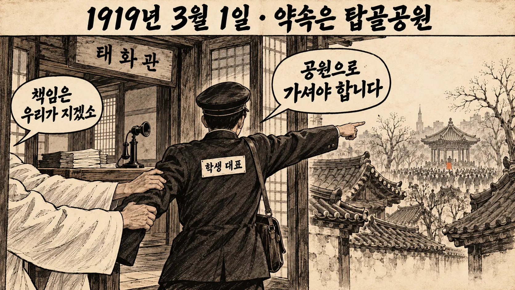 태화관 문 앞에서 학생 대표가 탑골공원 쪽을 가리키고 방 안의 두루마기 소매가 그의 팔을 붙잡는 한컷 만평
