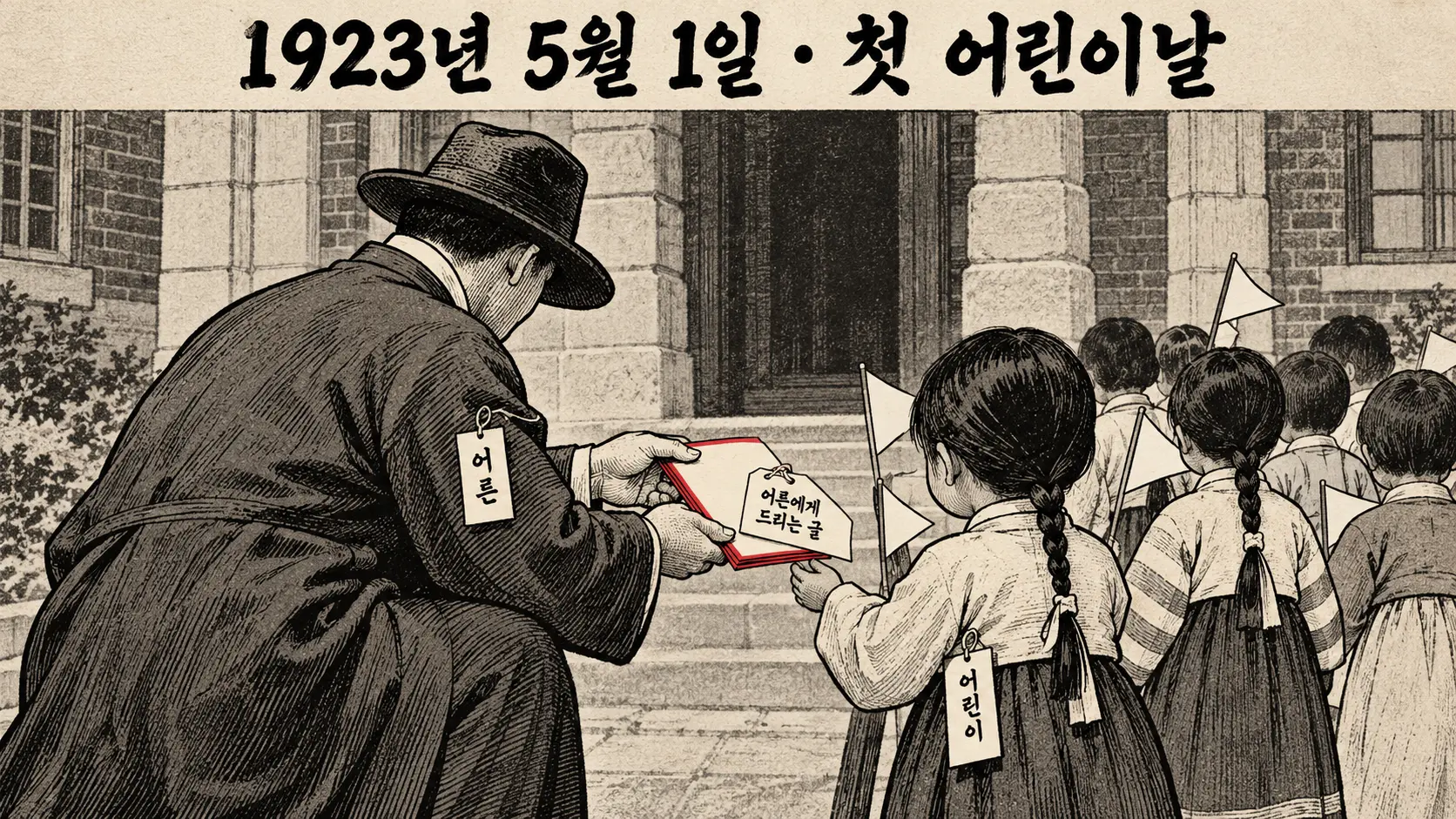 1923년 5월 1일 첫 어린이날, 어른이 무릎을 굽혀 아이 눈높이에서 '어른에게 드리는 글'을 건네는 흑백 만평