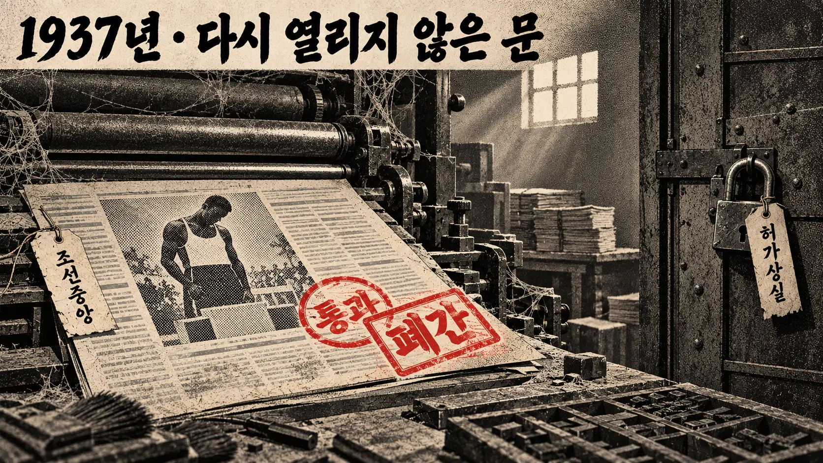 먼지 쌓인 인쇄소 윤전기 위 신문에 통과 도장과 폐간 도장이 겹쳐 찍혀 있고 옆에 자물쇠로 잠긴 철문이 있는 흑백 만평