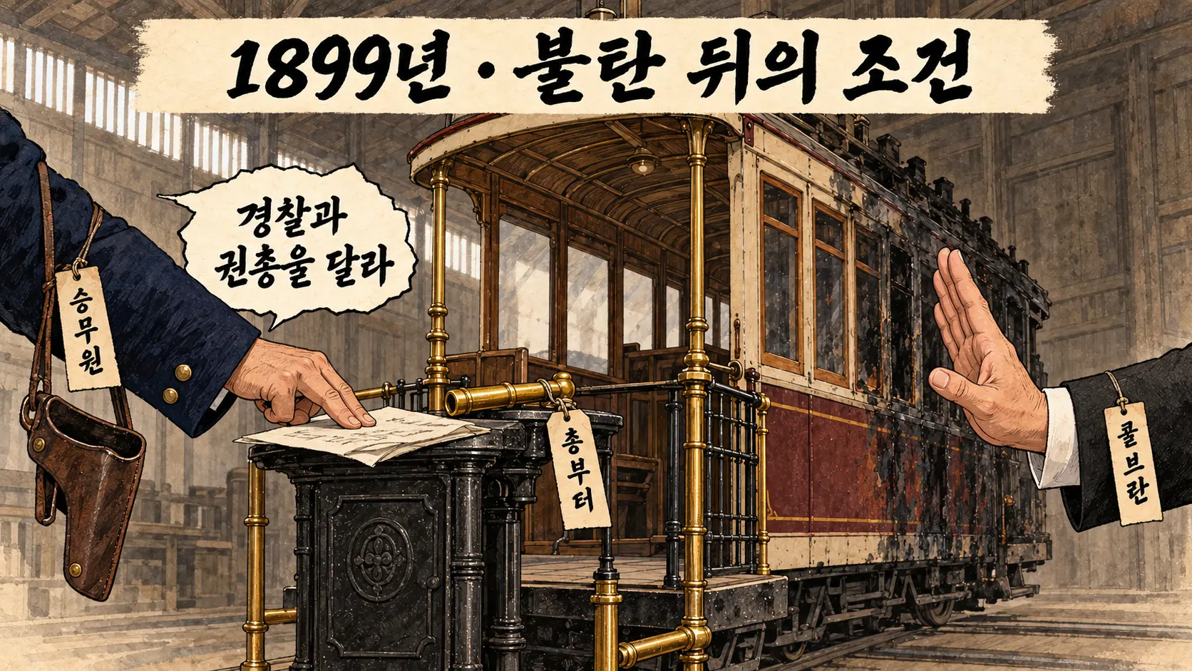 서울 전차 소각 사건 뒤, 불에 그을린 전차가 선 차고에서 '승무원' 꼬리표를 단 남색 소매가 빈 권총집을 매단 채 종이를 누르며 '경찰과 권총을 달라'고 말하고, '콜브란' 꼬리표의 양복 소매가 손바닥을 들어 거절하는 AI 생성 만평