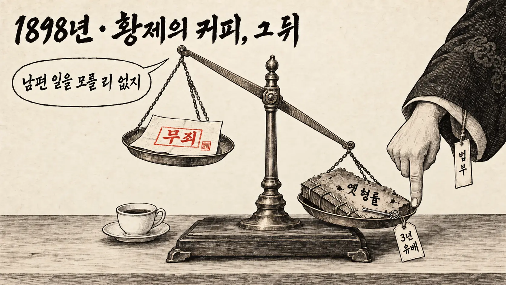무죄 판결문이 놓인 저울 접시는 들려 있고 법부대신의 손가락이 옛 형률 쪽 접시를 눌러 3년 유배로 기운 흑백 만평