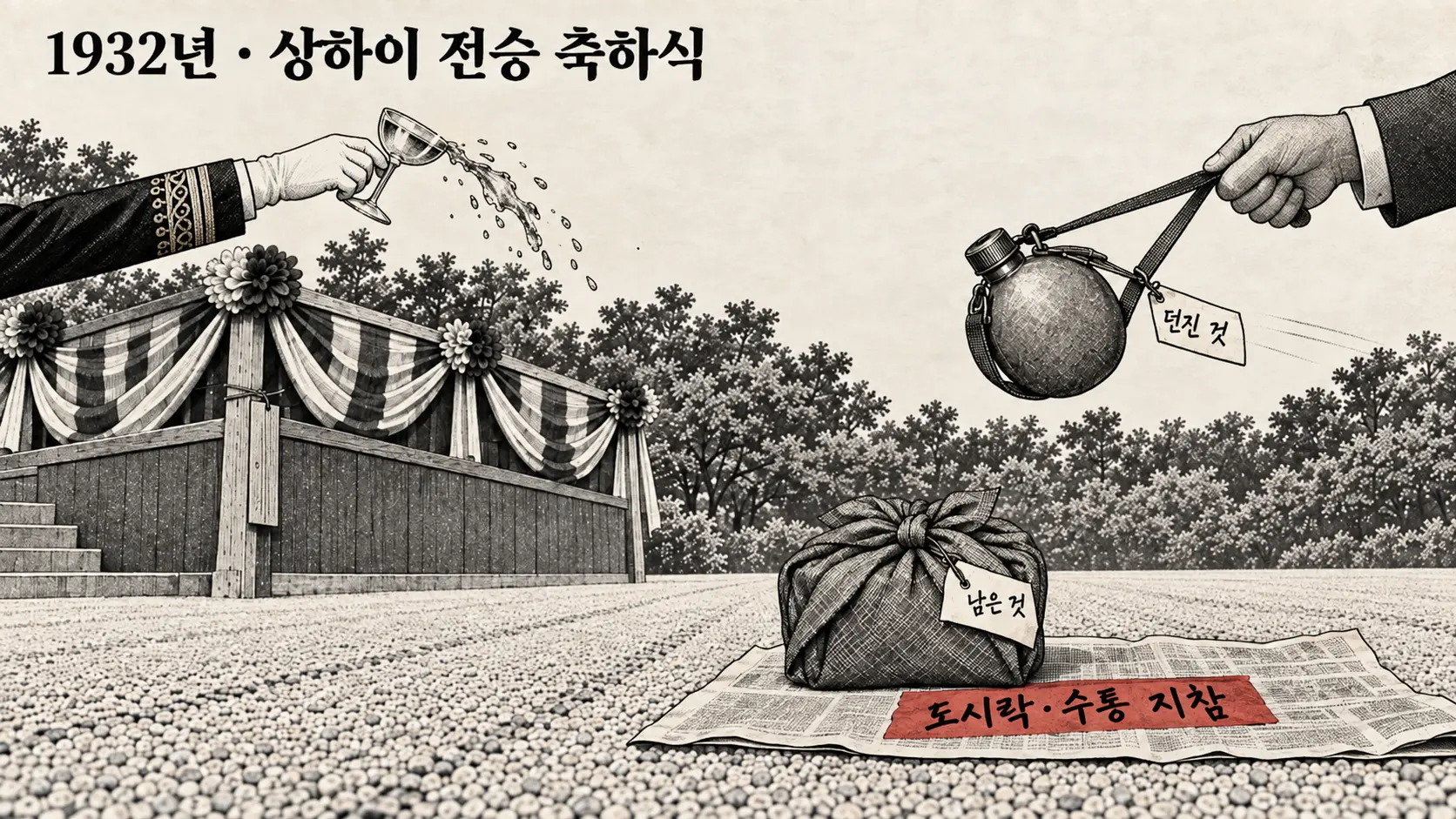 윤봉길 도시락 폭탄의 실제 장면을 그린 만평, 도시락은 땅에 남고 끈 달린 물통이 단상으로 향하며 축배 잔이 기울어지는 흑백 펜화