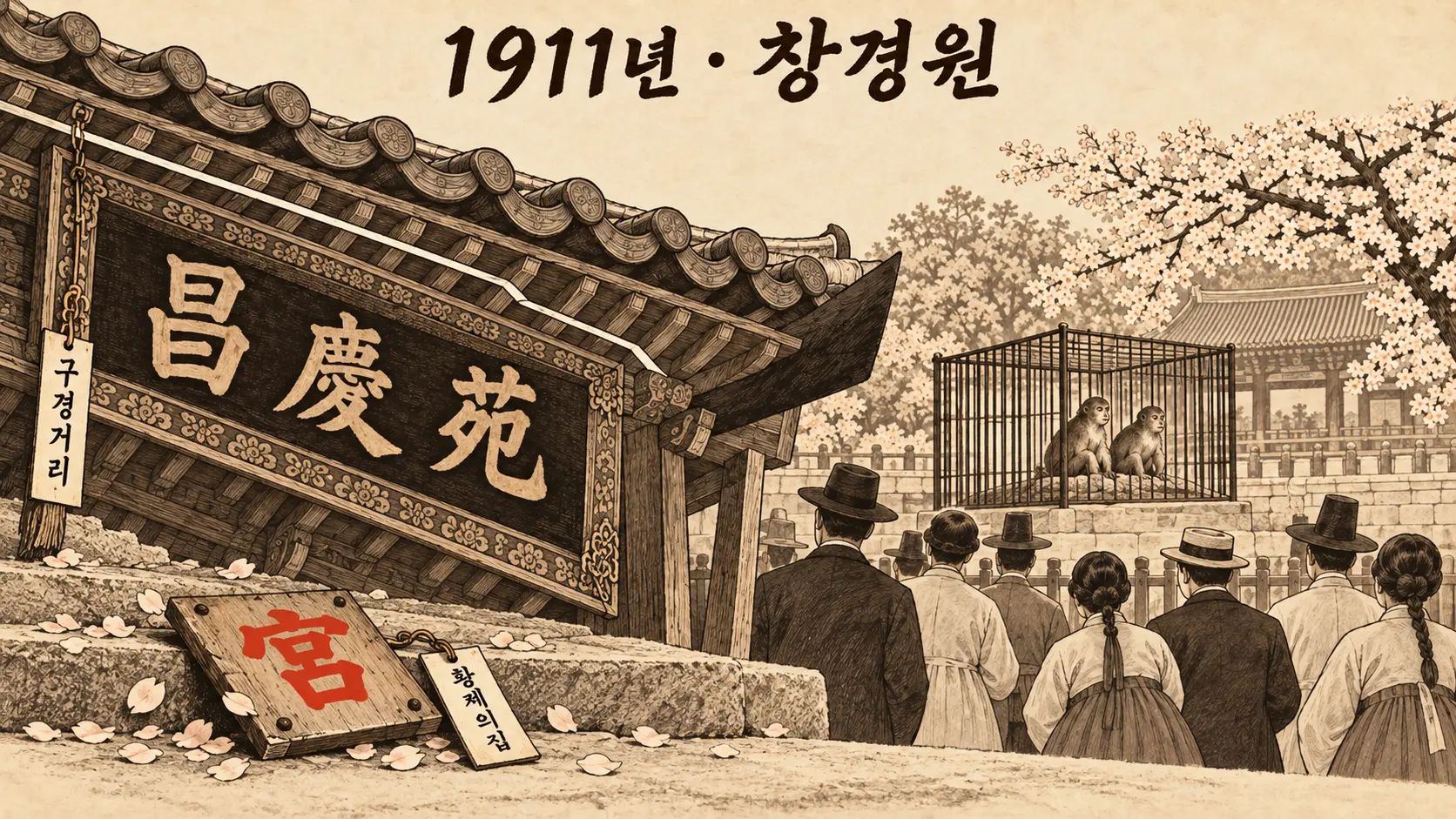 창경원 동물원으로 바뀐 뒤 현판이 昌慶苑으로 바뀌고, 떼어진 주홍빛 '宮' 판이 벚꽃잎 사이 돌계단에 놓인 AI 생성 만평 정답 컷