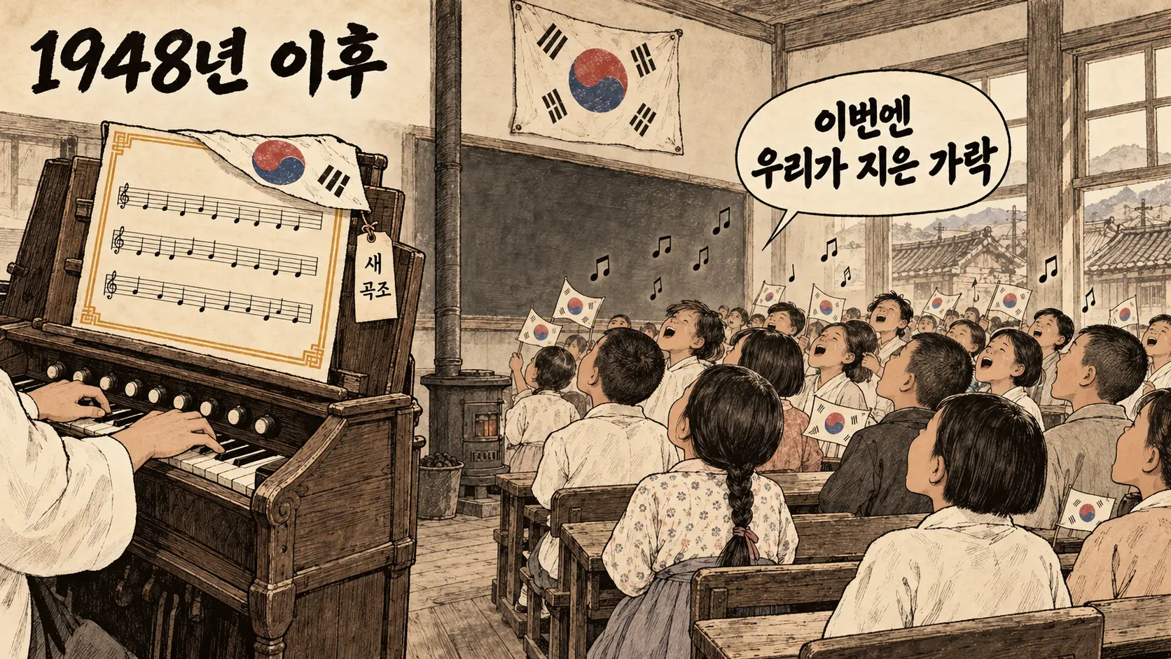 1948년 이후 교실 풍금 앞에서 새 애국가 곡조를 배우는 아이들을 그린 만평