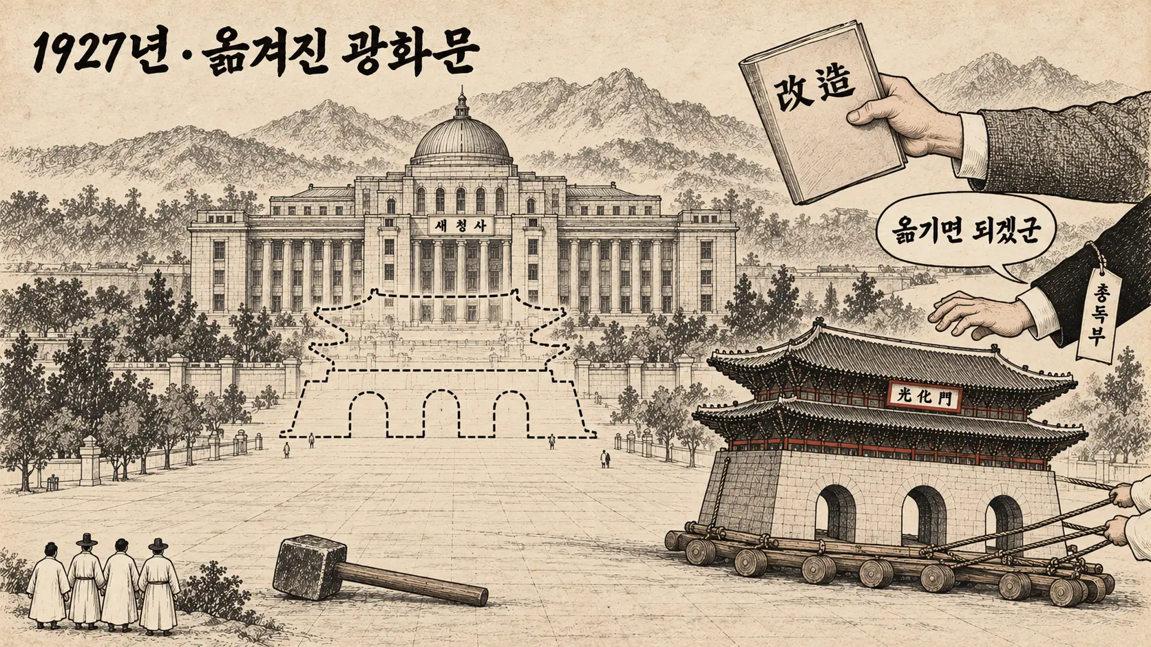 광화문 철거 이후 1968년 콘크리트로 다시 세운 광화문이 중앙청 돔과 남산을 잇는 점선 위에 서고, 궁궐 중심축을 뜻하는 주홍 점선과 살짝 어긋난 AI 생성 만평