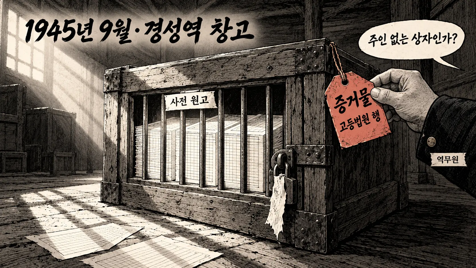 조선말 큰사전 원고가 발견된 1945년 9월 경성역 창고, 쇠창살 상자의 주홍 꼬리표가 뒤집혀 '증거물 · 고등법원 행' 글자가 드러난 AI 생성 만평 정답 컷