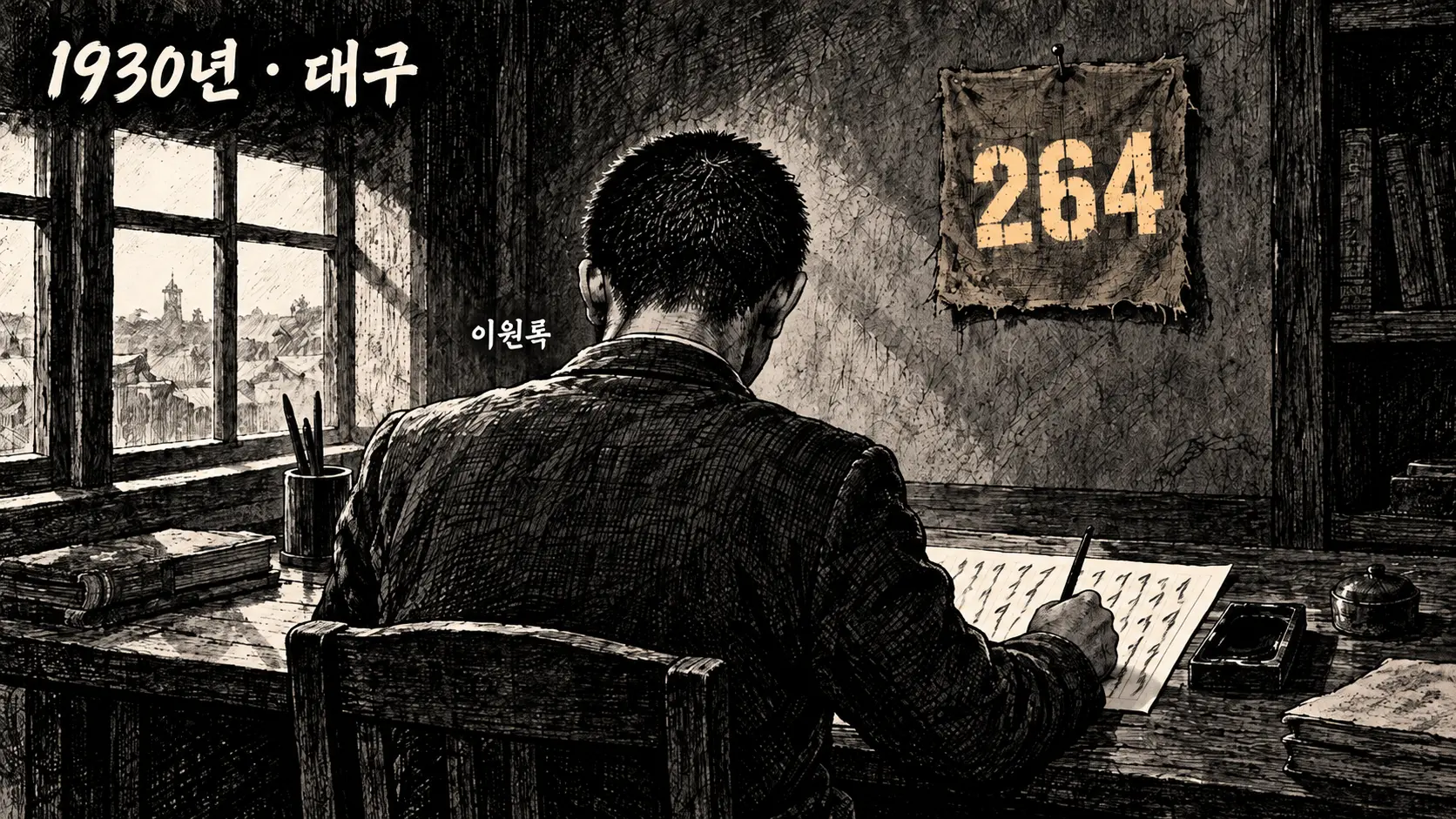 1930년 대구 책상에서 원고를 쓰는 청년의 뒷모습과 벽에 걸린 264 천 조각을 그린 이육사 만평