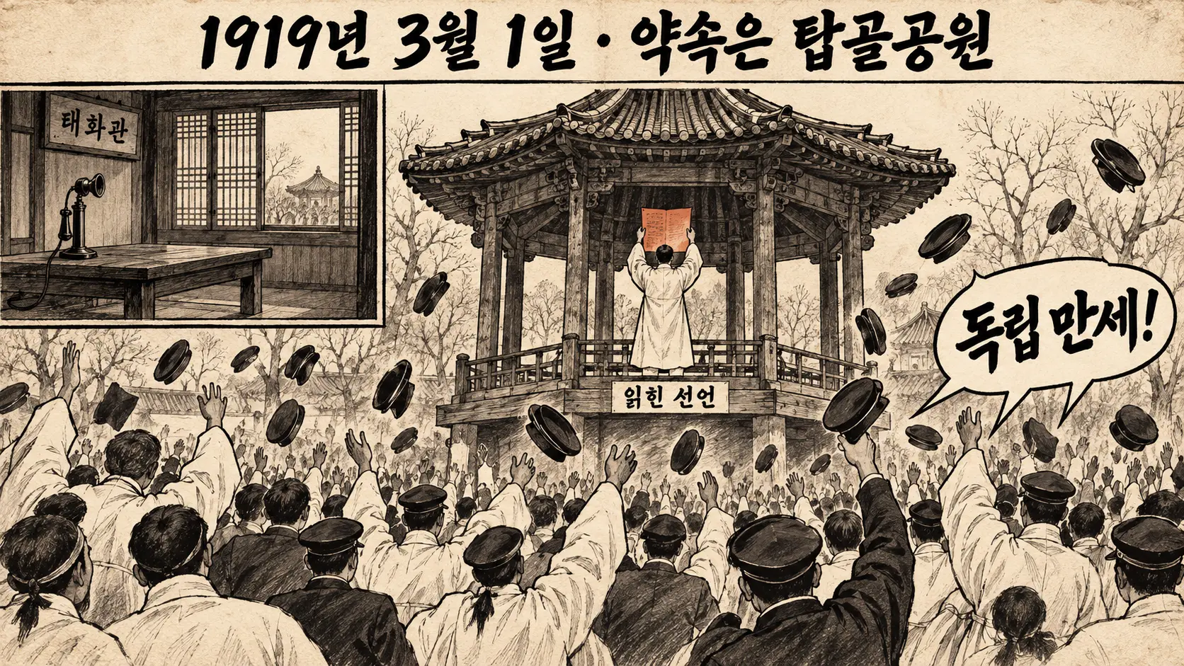 탑골공원 팔각정에서 흰 두루마기 차림의 한 사람이 독립선언서를 들어 읽고 군중이 모자를 던지며 환호하는 한컷 만평