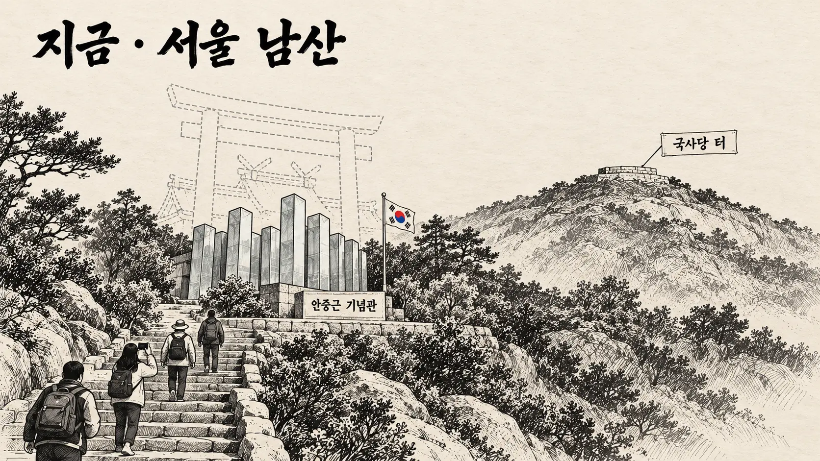 남산 조선신궁 터에 선 열두 기둥의 안중근 기념관과 옛 신궁의 점선 윤곽, 꼭대기의 빈 국사당 터를 그린 AI 생성 만평 정답 컷