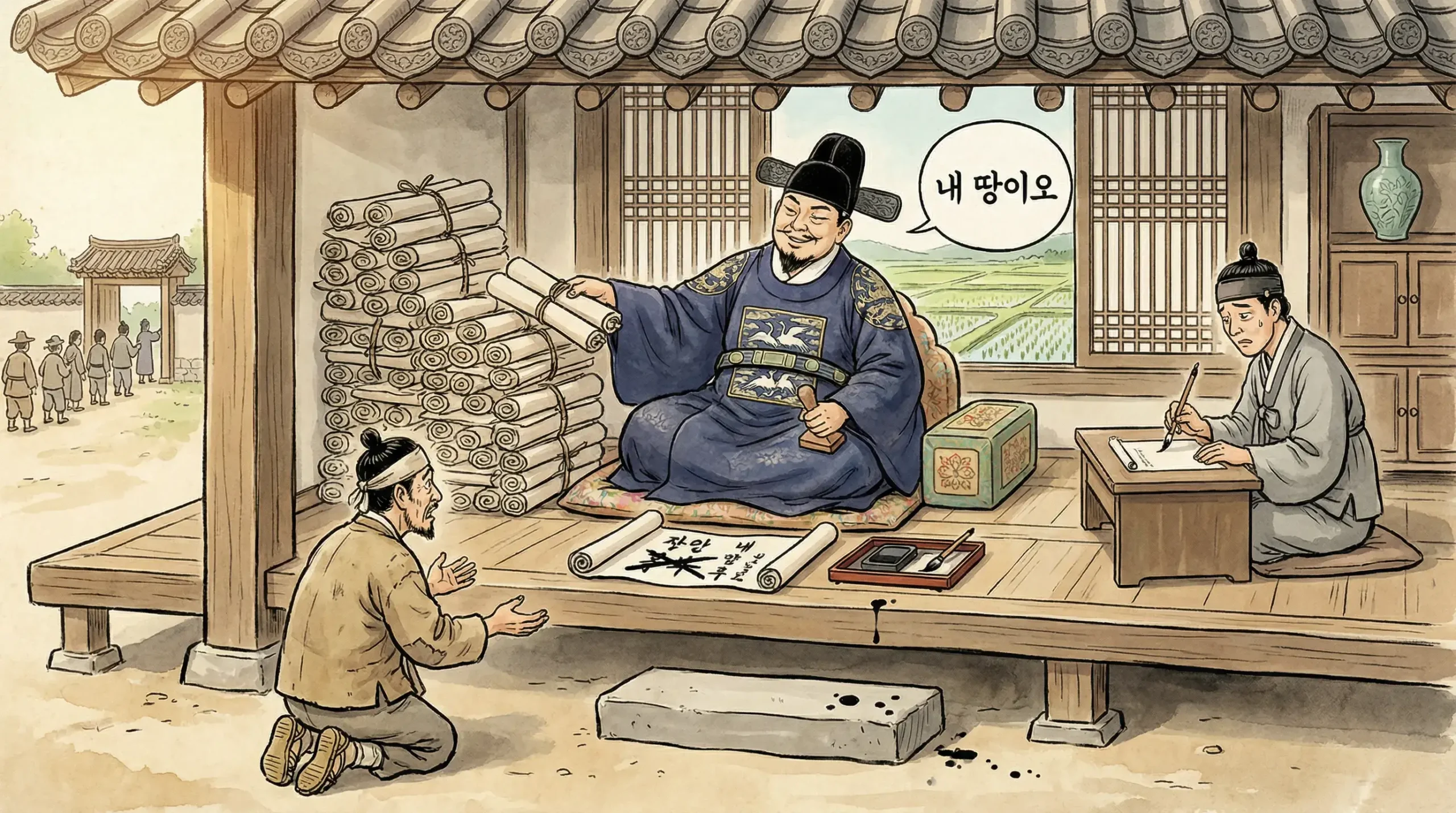 고려 말 권문세족이 땅문서를 쌓으며 농민을 내쫓는 김홍도 풍 만평 일러스트