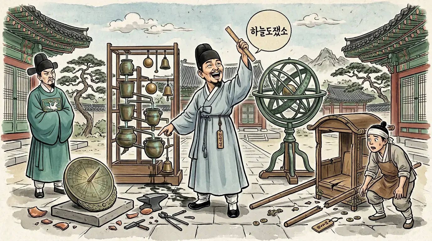 장영실이 자격루 혼천의 앞에서 하늘을 가리키는 김홍도 풍 만평