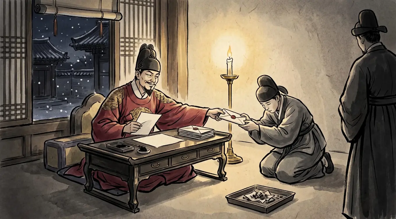 조선 정조가 촛불 밀실에서 심환지에게 비밀편지를 건네는 김홍도 풍 만평 이미지