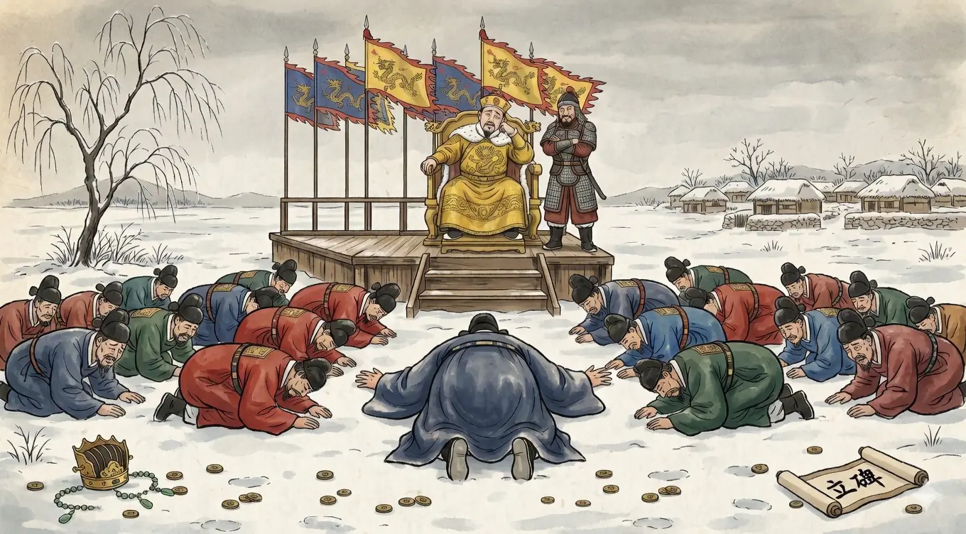 1637년 삼전도 굴욕 김홍도 풍속화 만평 — 인조 남색 평복으로 홍타이지에게 삼배구고두례를 올리는 장면,