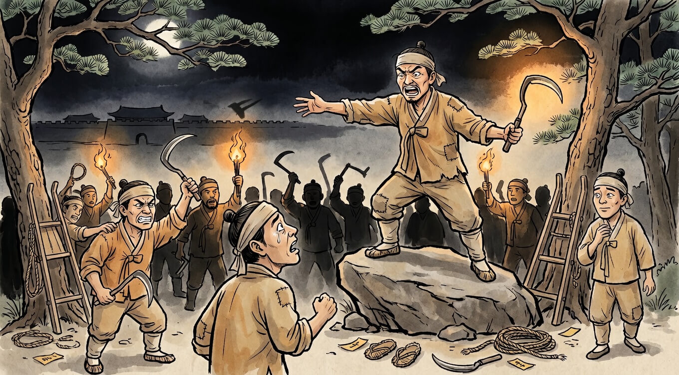 고려 1198년 만적의 난 — 노비 만적이 개경 북산 야간 집회에서 동료들에게 외치는 장면을 묘사한 만평한국사 제04편 대표이미지