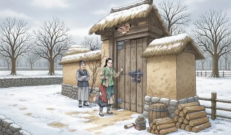 병자호란 후 고향 문 앞에서 쫓겨나는 환향녀를 그린 김홍도 풍 만평 일러스트