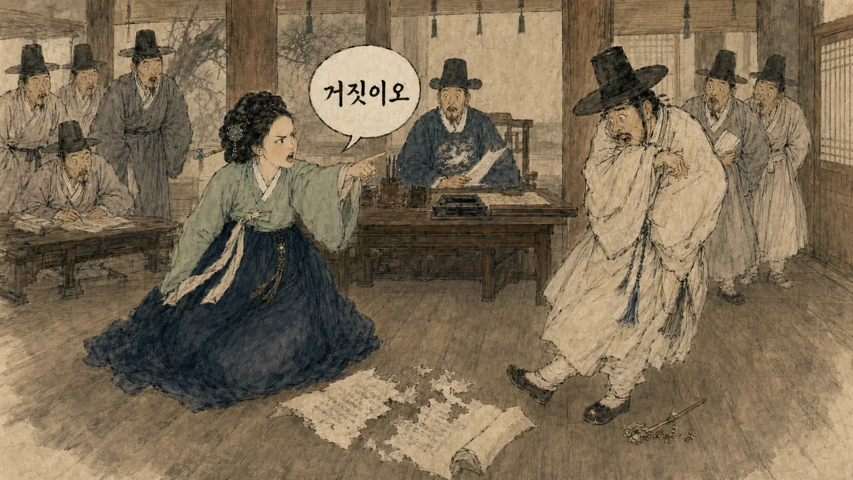 의금부에서 남편의 거짓을 폭로하는 신태영 김홍도 풍 만평