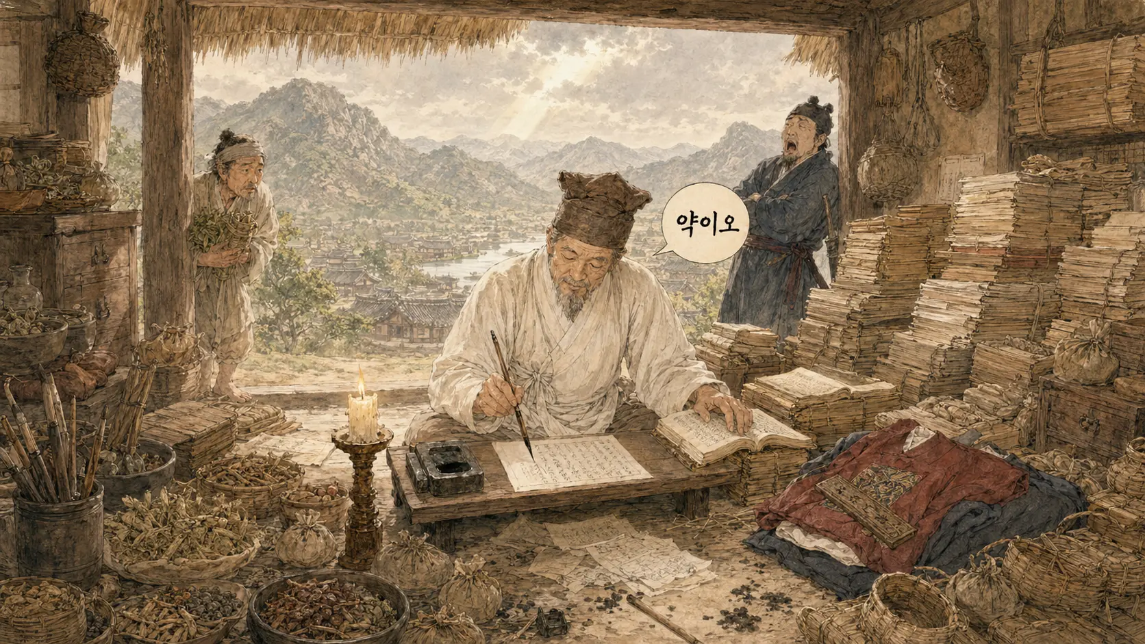 김홍도 풍 만평 허준이 유배지에서 동의보감을 집필하는 장면