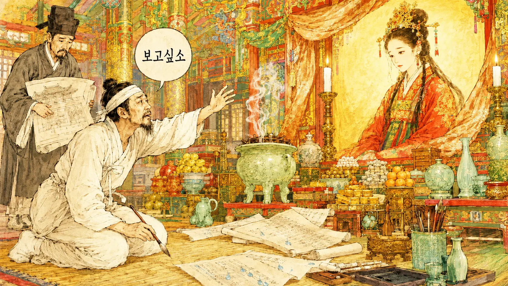 공민왕이 노국공주 초상화 앞에서 슬퍼하는 김홍도 풍 만평 일러스트