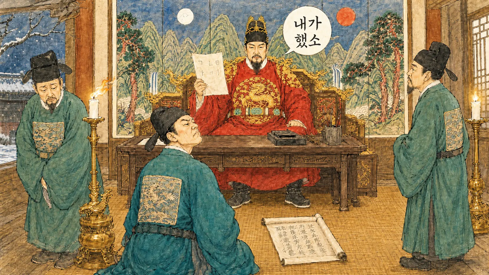 훈민정음 창제 — 세종이 훈민정음을 들어 보이고 최만리가 반대 상소를 올리는 장면의 김홍도 풍 만평