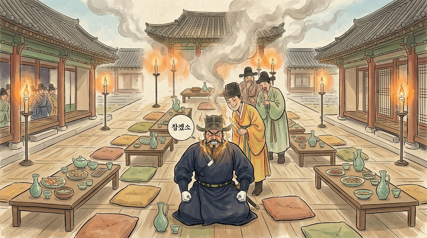 고려 무신 정중부가 문신 김돈중에게 수염을 태우는 모욕을 당하며 이를 악물고 참는 장면, 김홍도 풍 수묵담채 만평