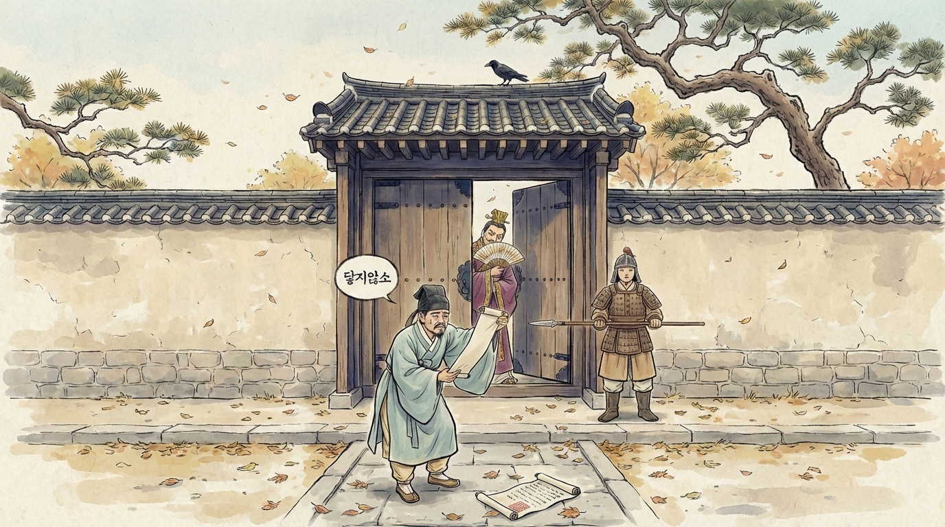 최치원이 신라 관청 앞에서 개혁안을 올리고 있는 김홍도 풍 만평 이미지