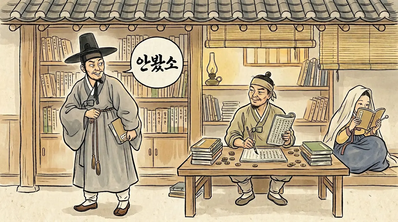 조선 세책점에서 양반이 소설을 몰래 빌리는 장면을 김홍도 풍속화 스타일로 그린 만평한국사 제13편 대표 이미지