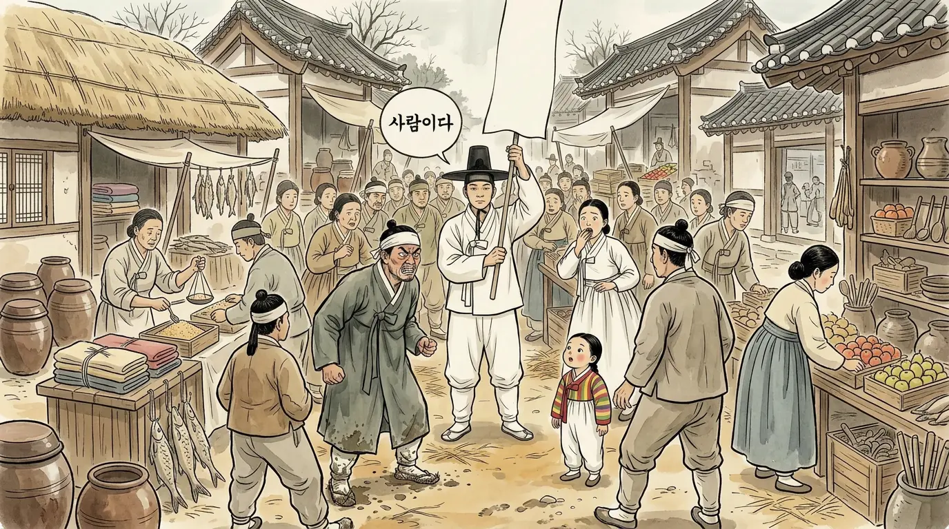 1923년 진주 형평운동 장면 — 백정이 갓을 쓰고 흰 깃발을 들고 선 김홍도 풍 만평