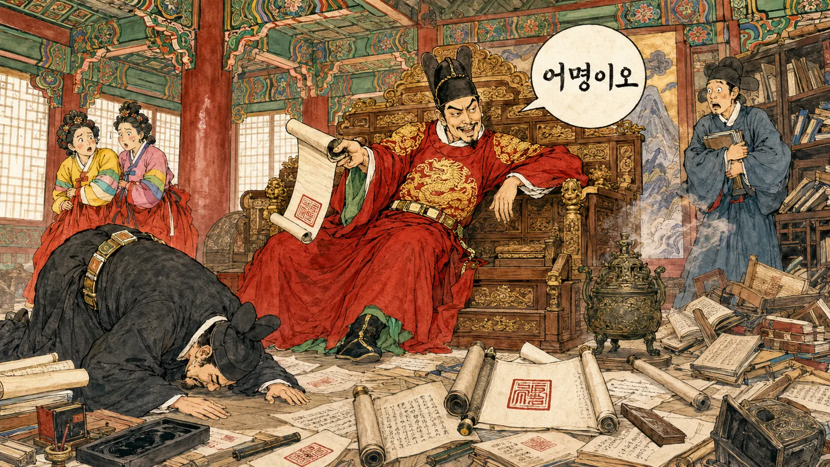 연산군이 어명을 내리는 김홍도 풍 만평, 신하들이 공포에 엎드린 장면