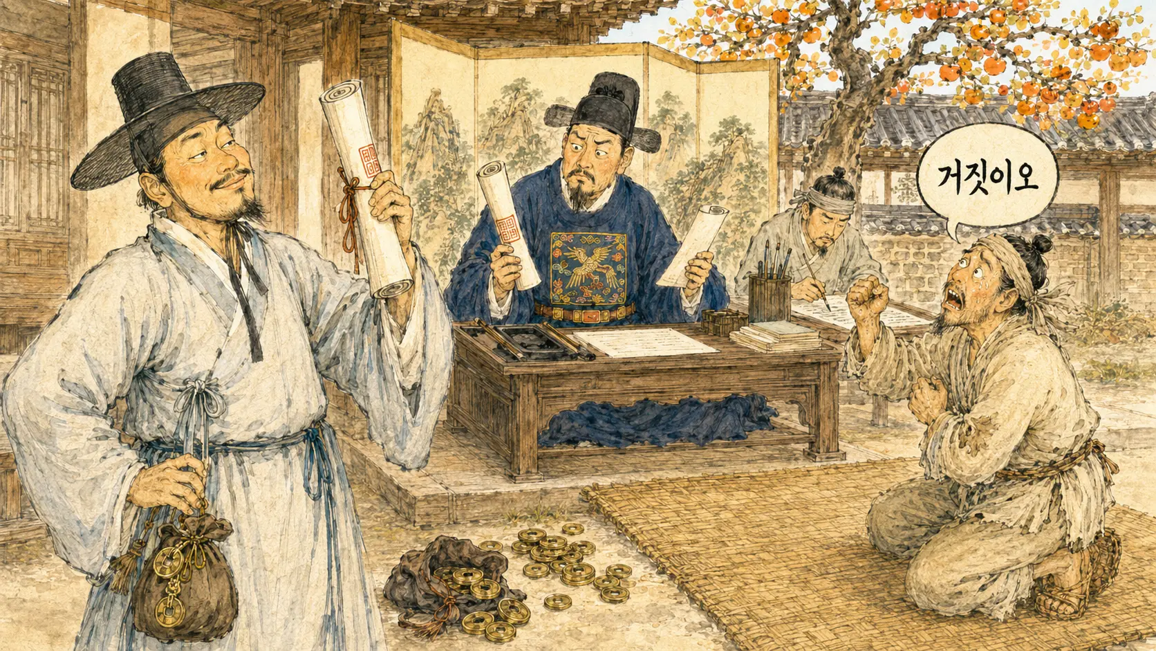 조선 부동산 사기 — 조선시대 관아에서 토지문서를 들고 다투는 사기꾼과 피해 농민 김홍도 풍