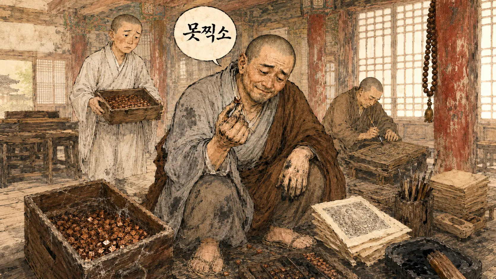 고려 흥덕사 승려가 고려 금속활자를 들고 있는 김홍도 풍 만평 일러스트
