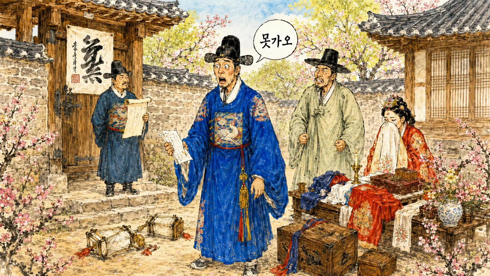 조선 금혼령 만평 - 혼례 중단된 양반가에서 신랑이 허탈하게 서 있는 김홍도 풍 풍속화