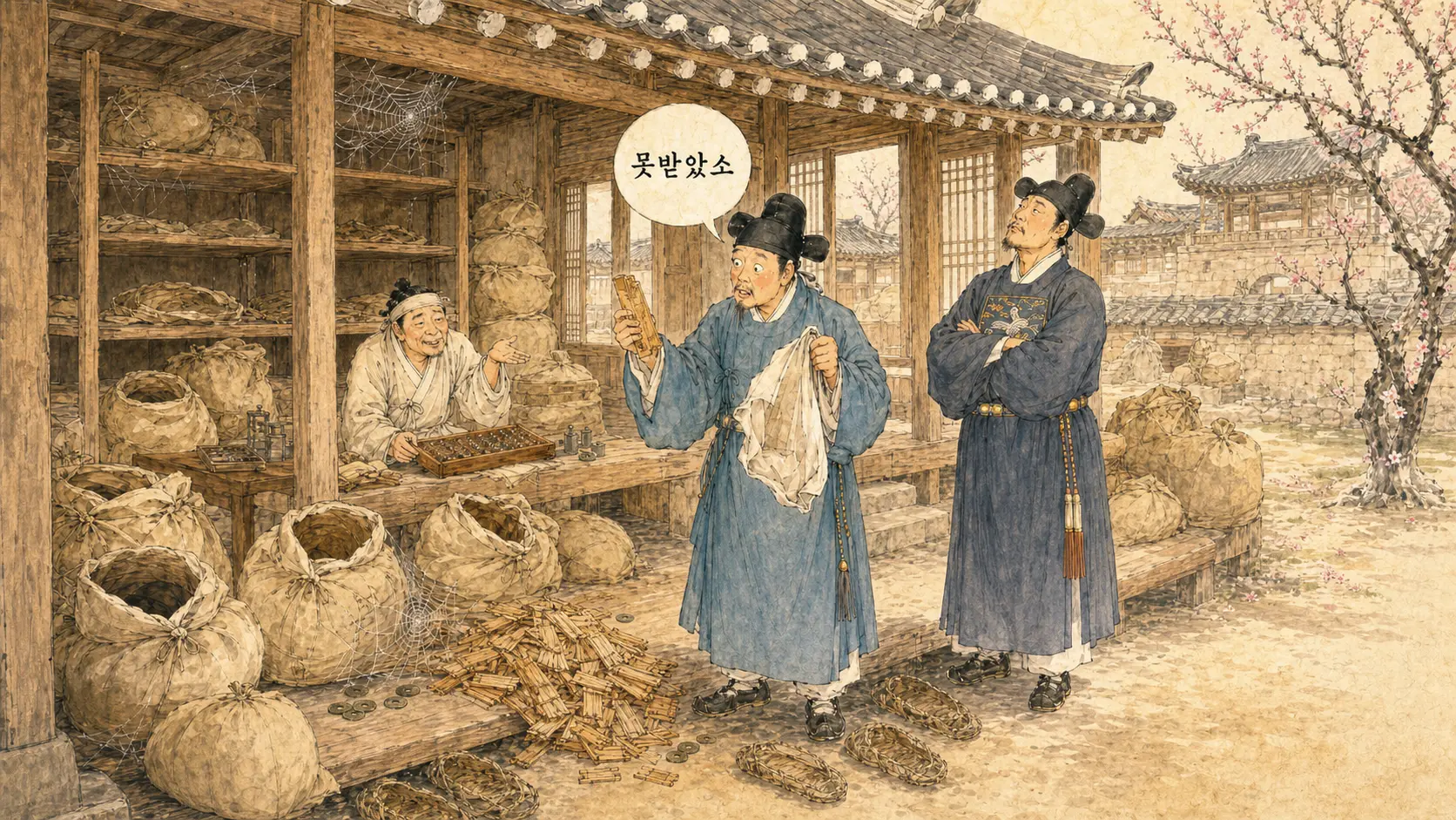 조선시대 관리가 광흥창에서 빈 보자기를 들고 서 있는 김홍도 풍 만평