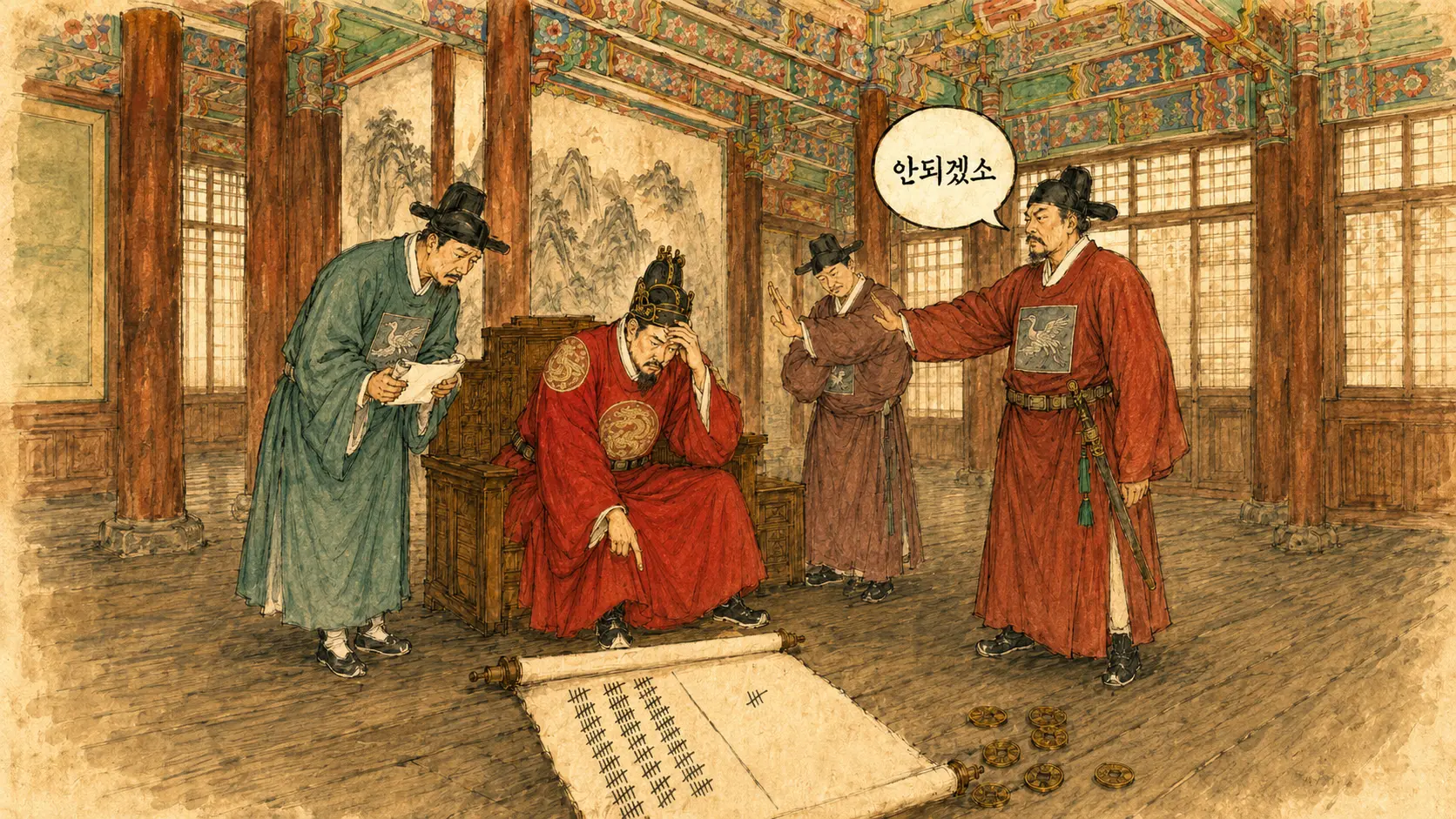 세종 세금 여론조사 공법 실패 만평 김홍도 풍속화 풍자 일러스트