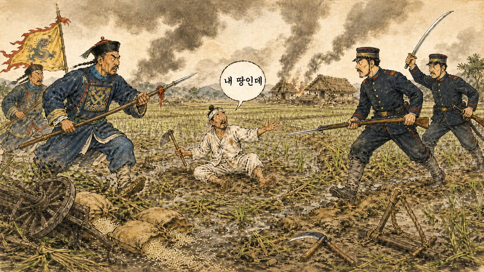 청일전쟁 만평 조선 농부가 청일 양군 사이에서 내 땅인데라고 외치는 김홍도 풍 풍자 만평