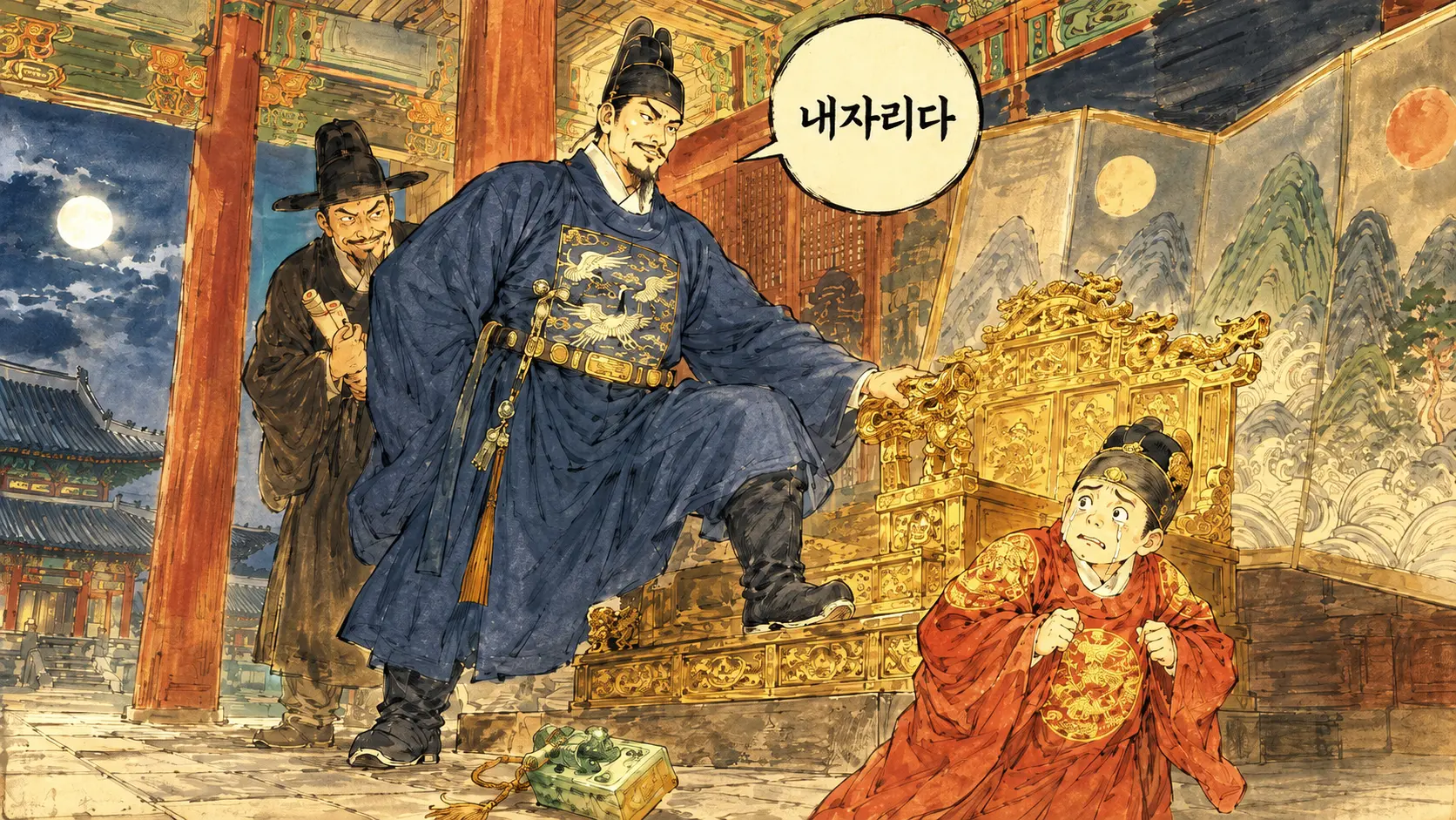 계유정난 만평 수양대군이 단종의 왕좌를 차지하는 김홍도풍 풍자 그림