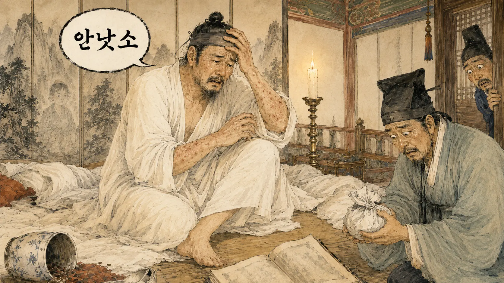세조 피부병으로 밤에 종기를 긁으며 괴로워하는 김홍도 풍 만평 일러스트