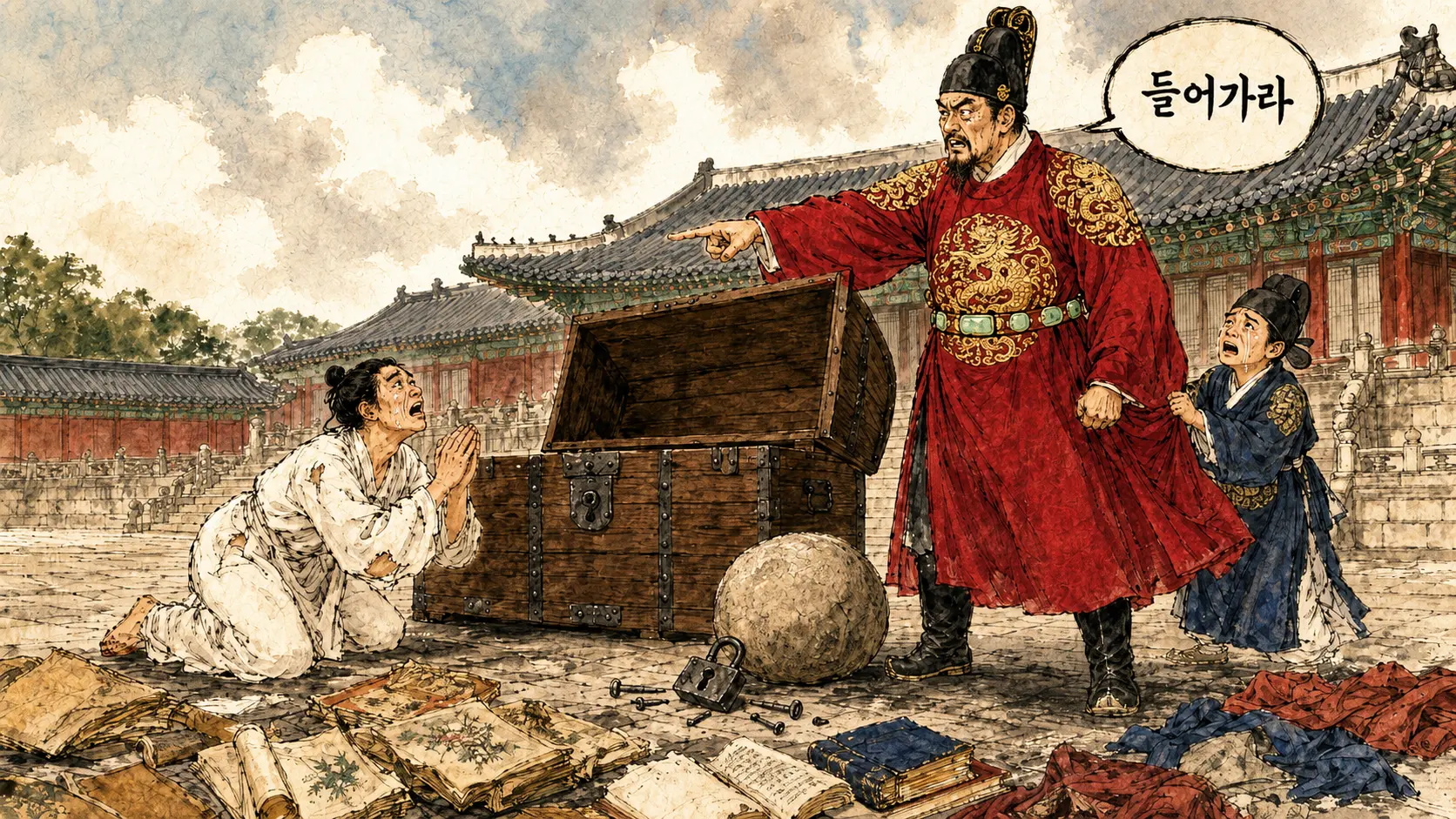 영조가 사도세자에게 뒤주에 들어가라 명하는 장면, 김홍도 풍 만평