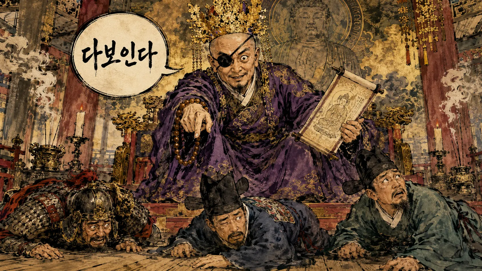 궁예 관심법 만평 김홍도풍 일러스트