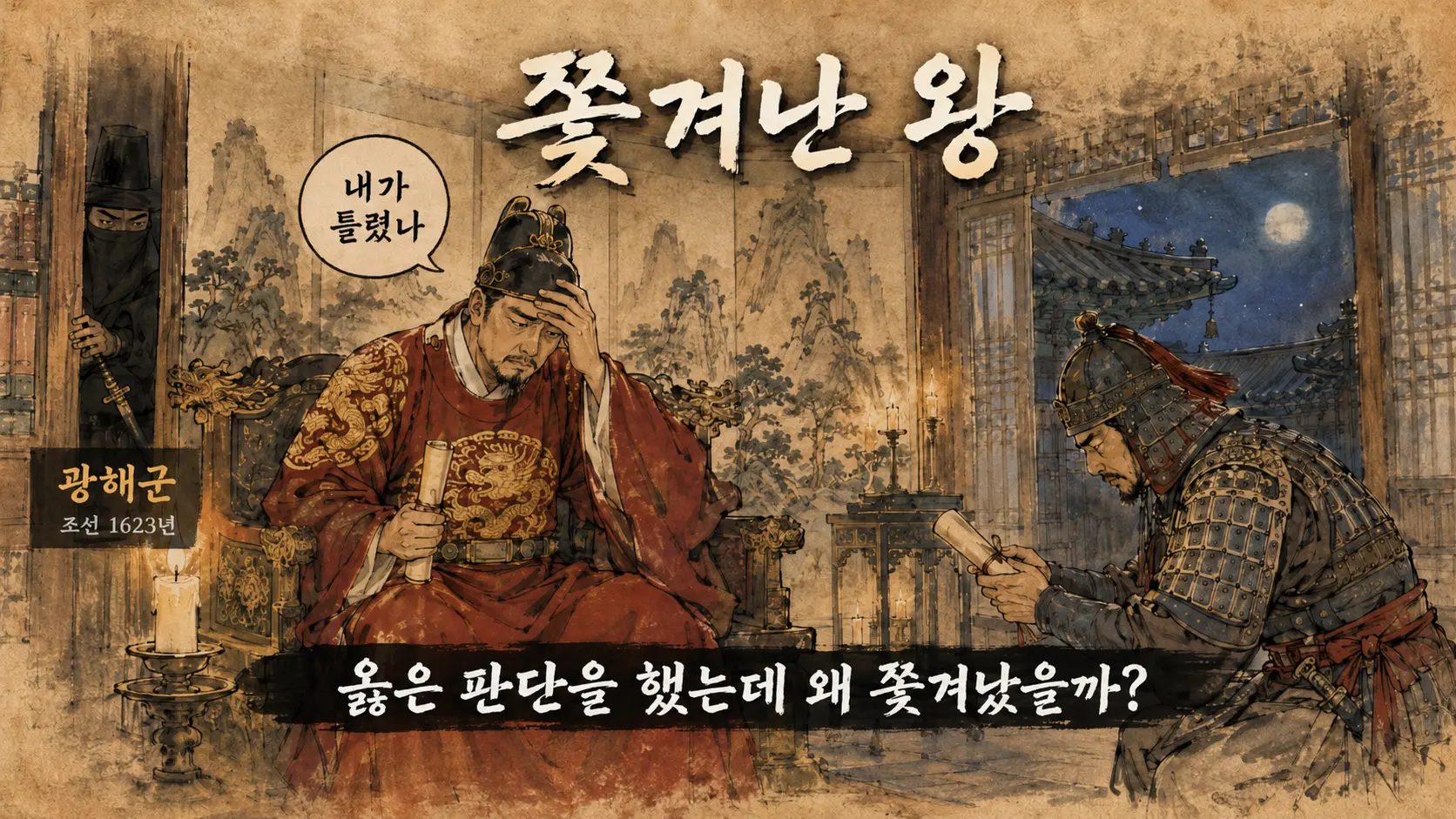 광해군 중립외교 풍자 만평 김홍도 풍 .수묵담채 어좌에 앉은 왕과 밀지를 든 강홍립