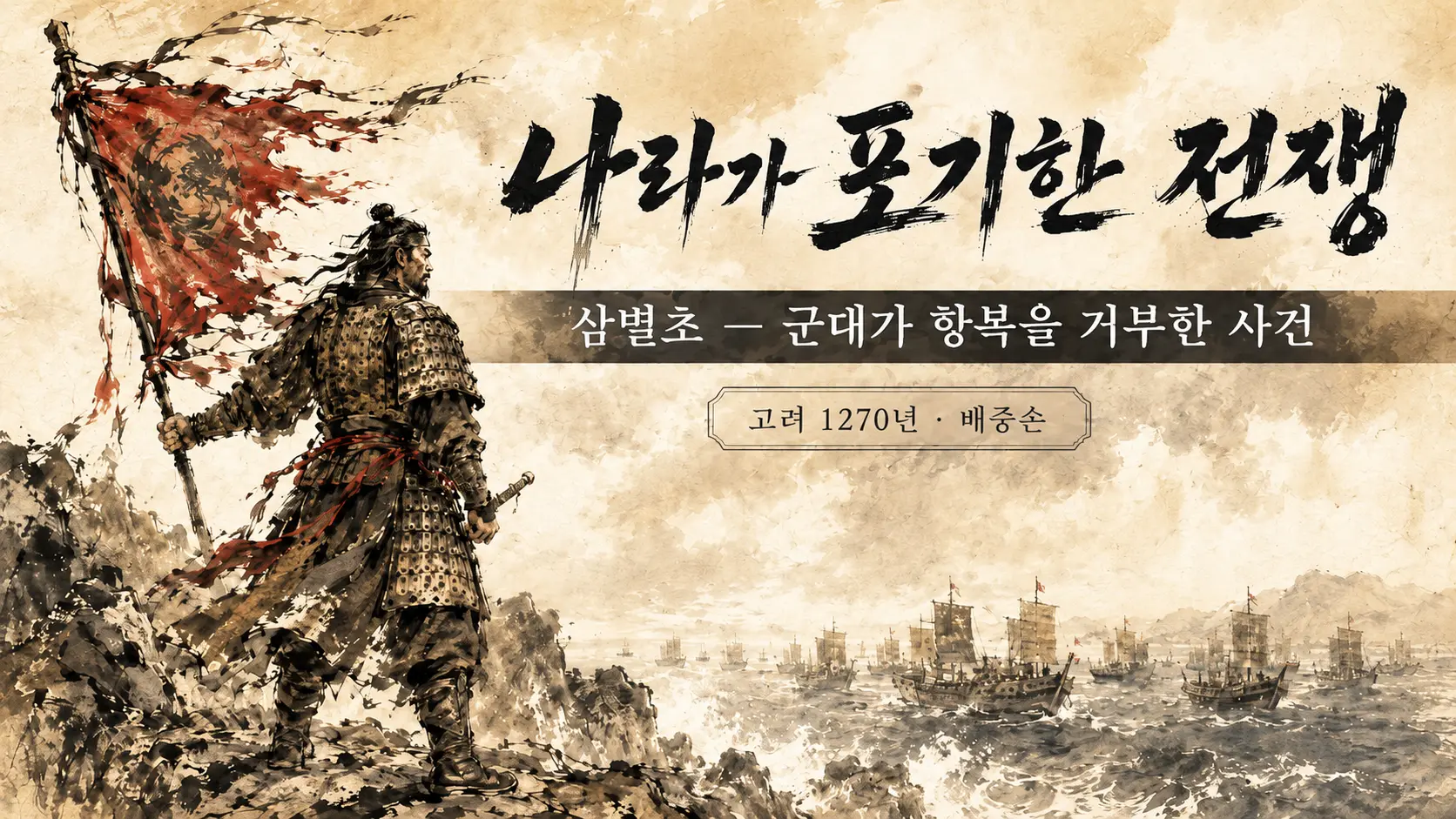 삼별초 항쟁 배중손 장군이 고려 조정의 항복 명령을 거부하고 진도로 향하는 장면 김홍도 풍 만평