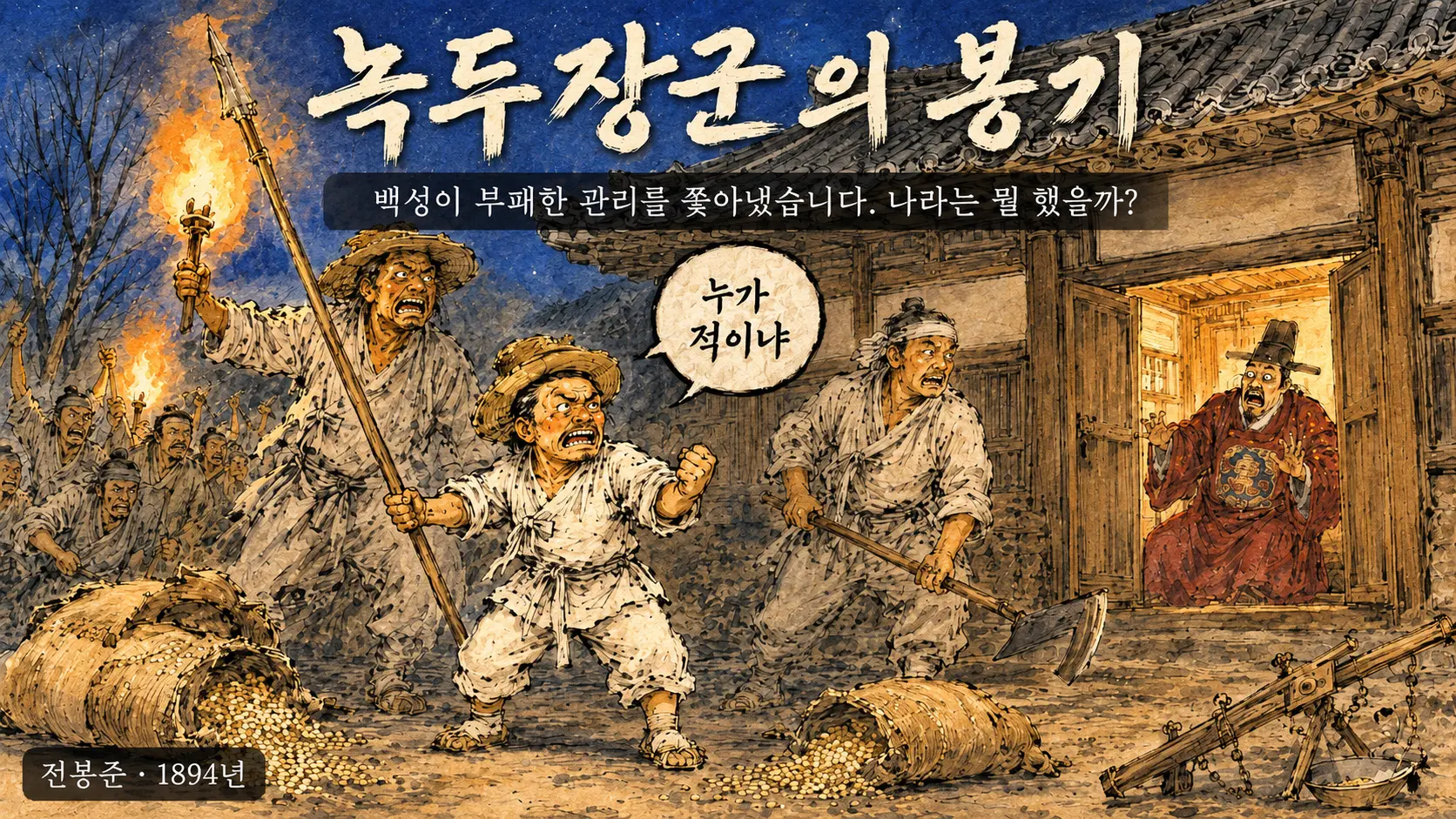 동학농민운동 전봉준이 죽창을 들고 고부 관아 앞에서 봉기하는 장면 김홍도 풍 만평