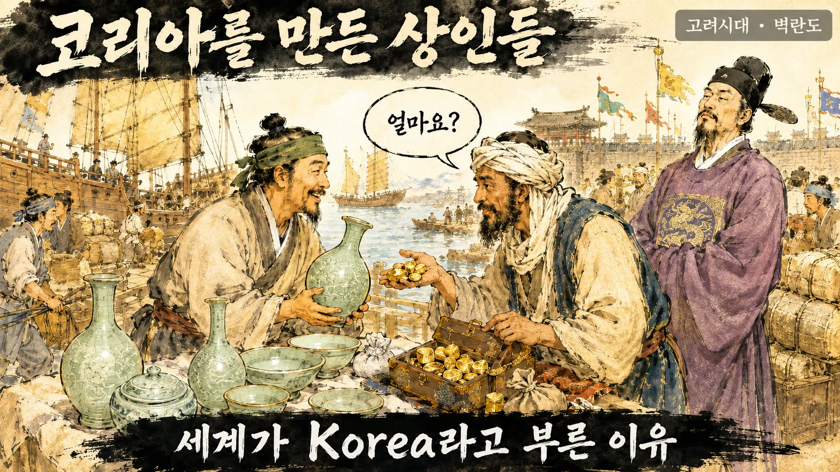 고려 무역 벽란도에서 아라비아 상인과 교역하는 고려 상인 장면 김홍도 풍 만평