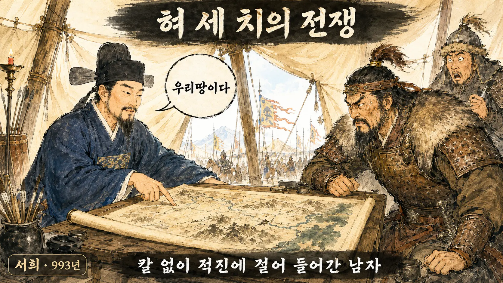서희 외교담판 강동6주 — 거란 소손녕에게 절을 거부하는 고려 외교관 서희 만평