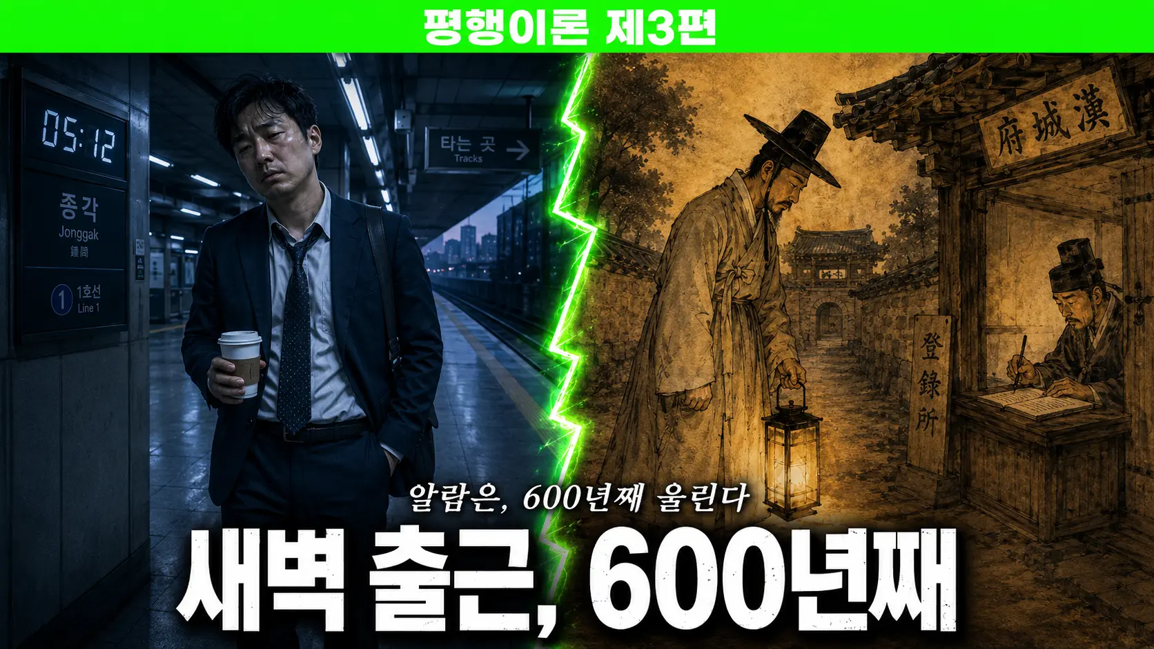 Alt: 조선 관리가 새벽 알람시계를 들고 출근하는 김홍도풍 만평