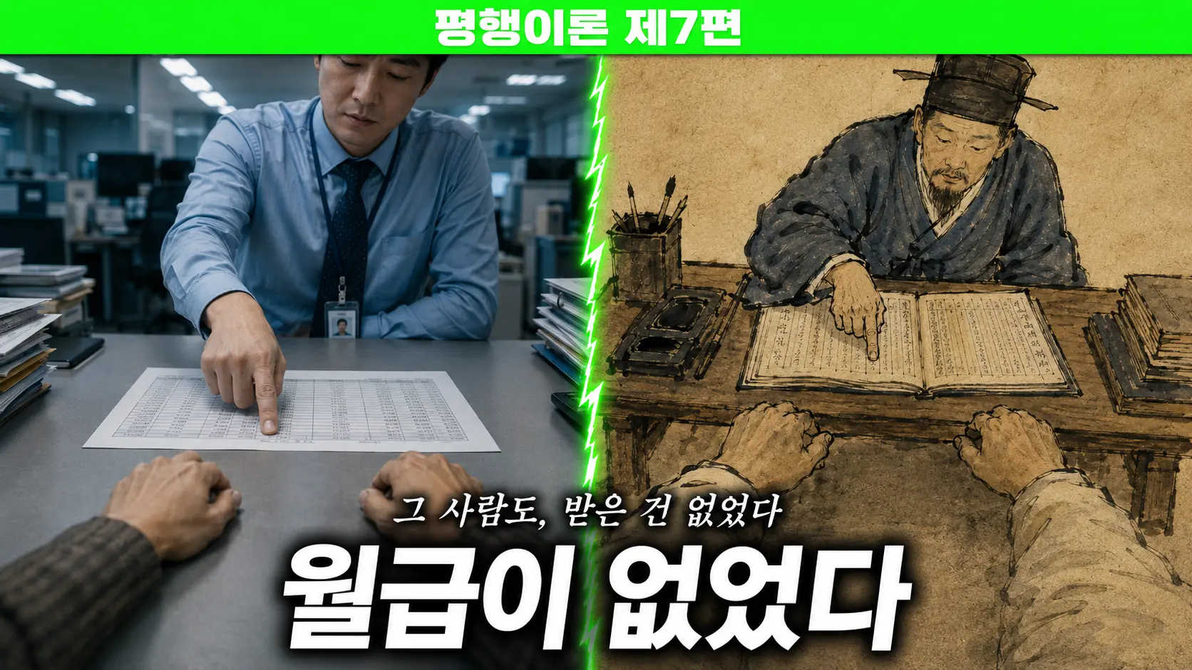 조선 아전 평행이론 - 관아 앞에서 세금 장부를 든 채 현대식 사원증을 목에 건 조선 아전