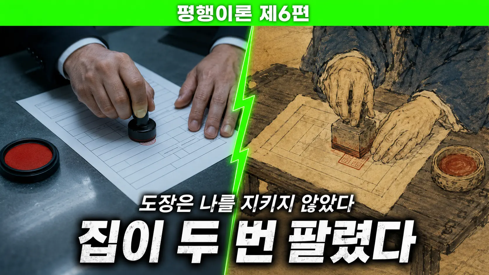 조선 가사 매매 평행이론 - 관청 앞에서 인쇄된 현대 부동산 계약서를 두 손으로 든 조선 백성
