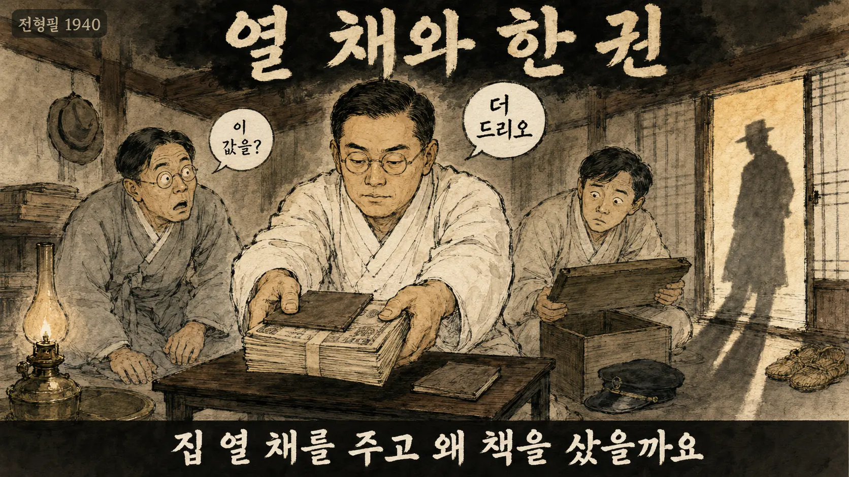간송 전형필이 1940년 서안 위로 지폐 뭉치를 밀어 놓는 김홍도 풍 만평